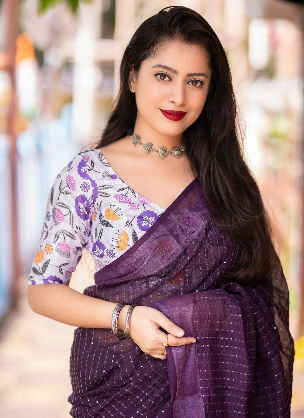 Contemporary Printed Linen Saree - S5771