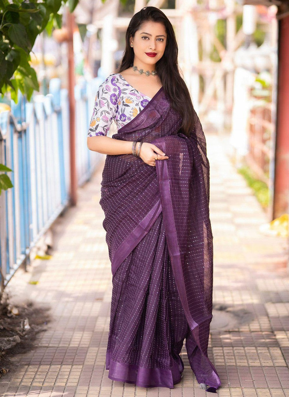 Contemporary Printed Linen Saree - S5771