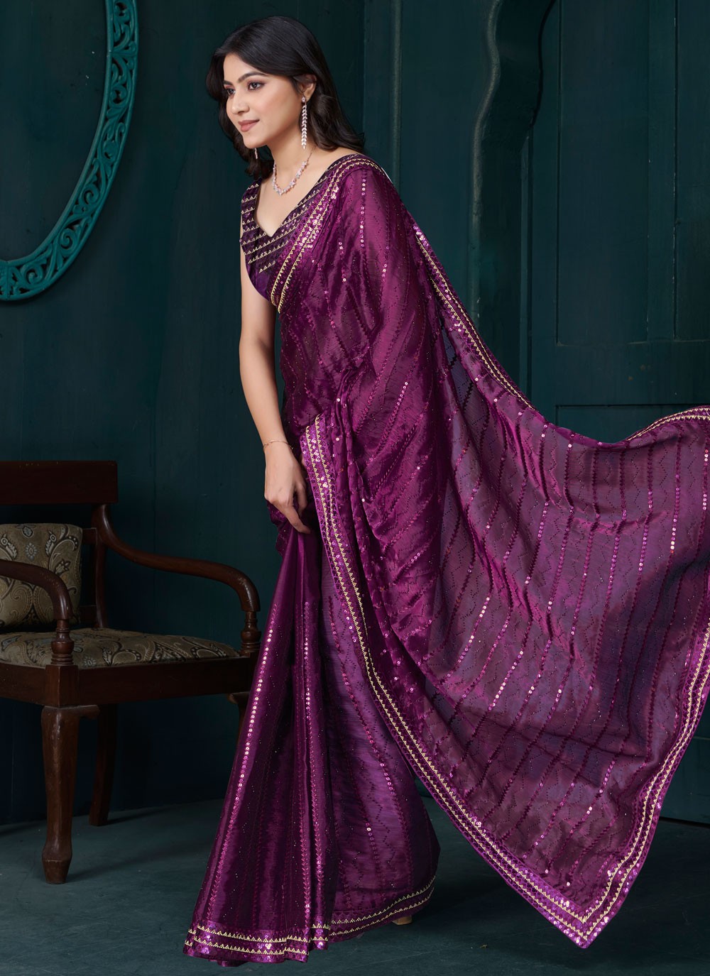 Sequins Organza Purple Classic Saree S15203