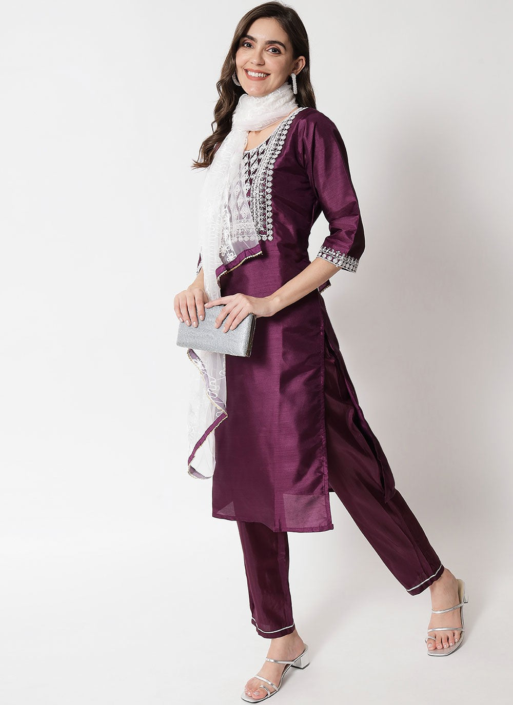 Pant Style Suit Embroidered Purple T7100