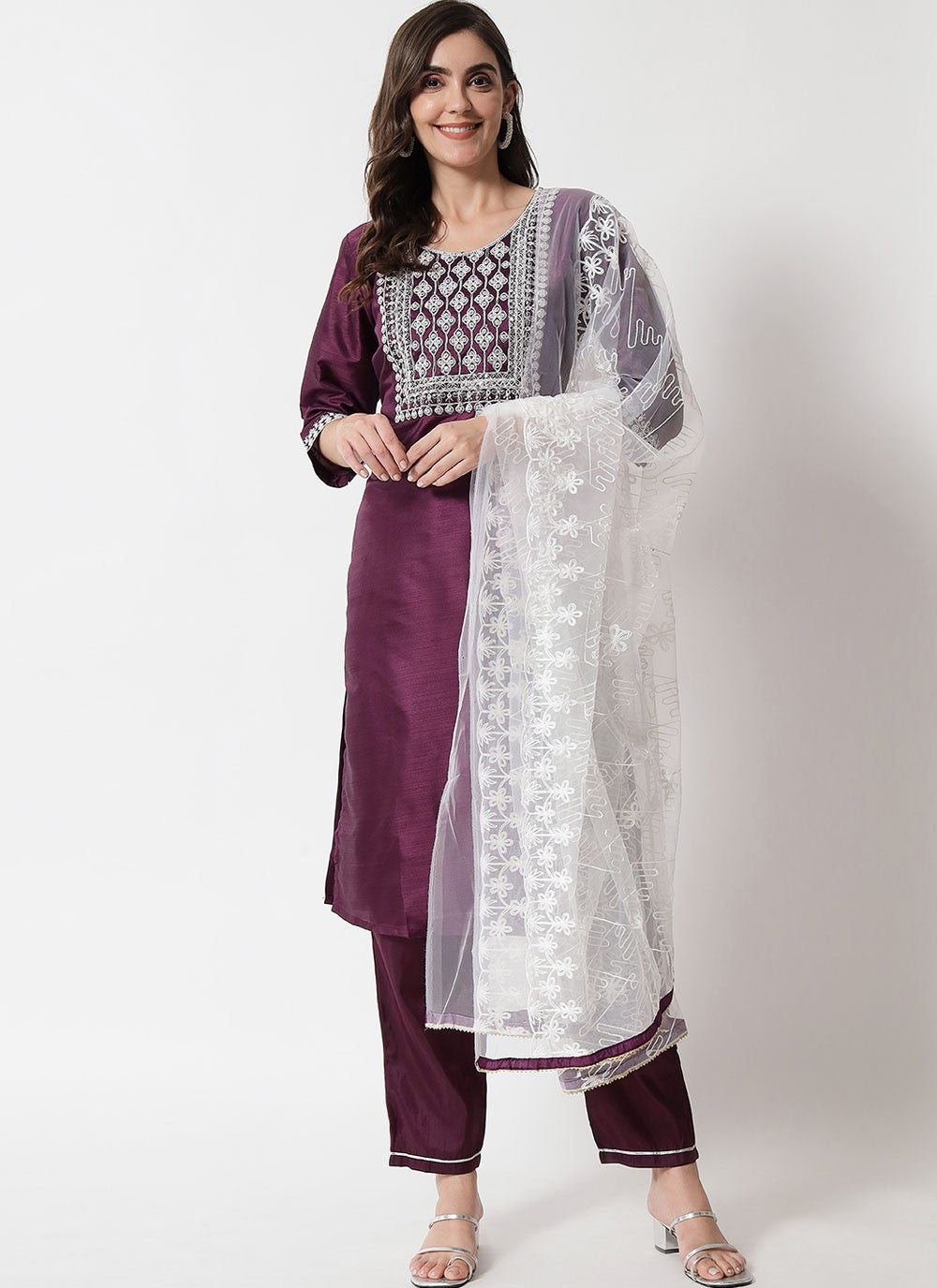 Pant Style Suit Embroidered Purple T7100