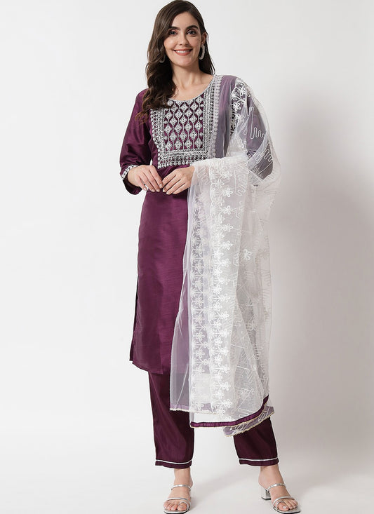Pant Style Suit Embroidered Purple T7100