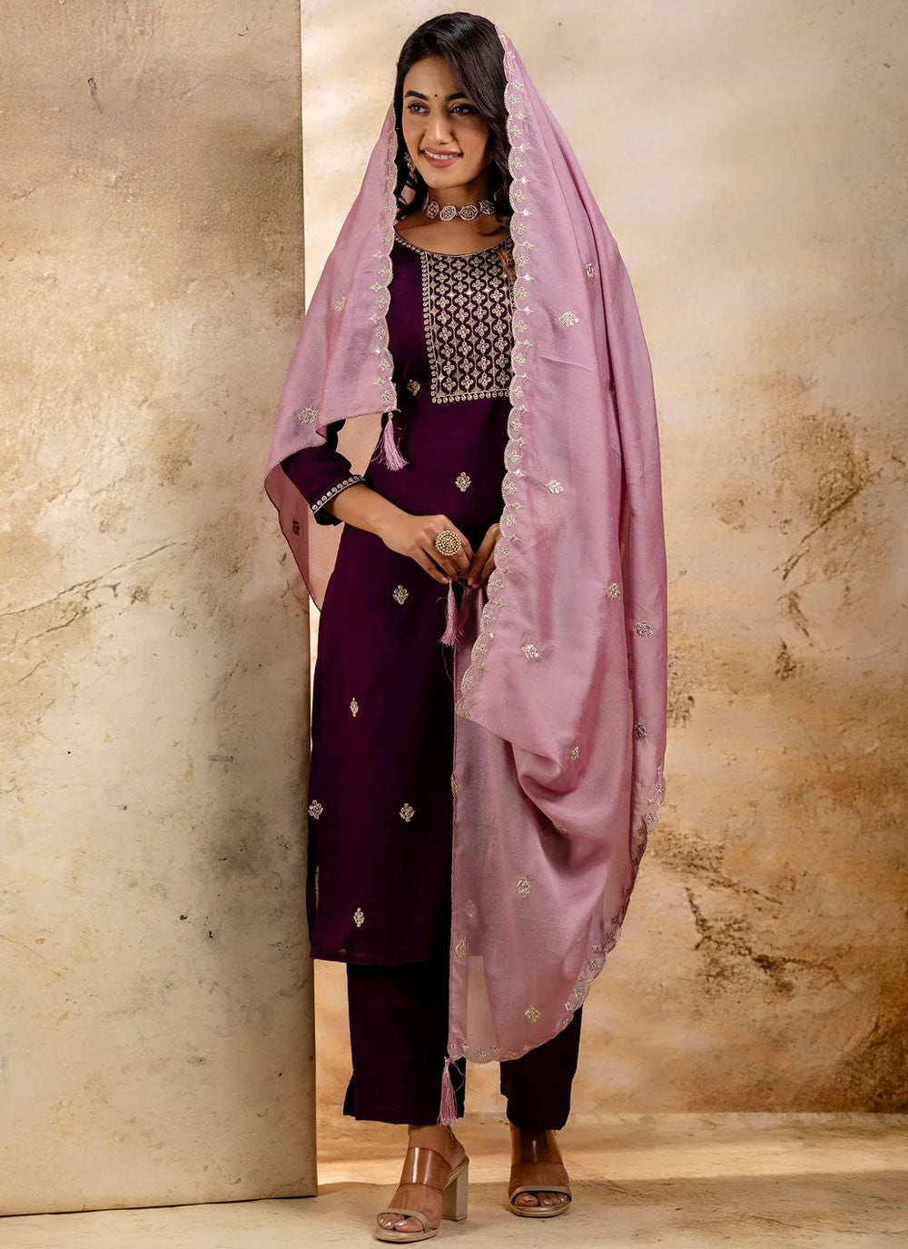 Embroidered Silk Blend Purple Pant Style Suit T6362