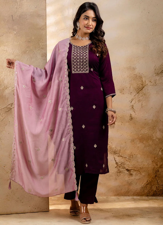 Embroidered Silk Blend Purple Pant Style Suit T6362