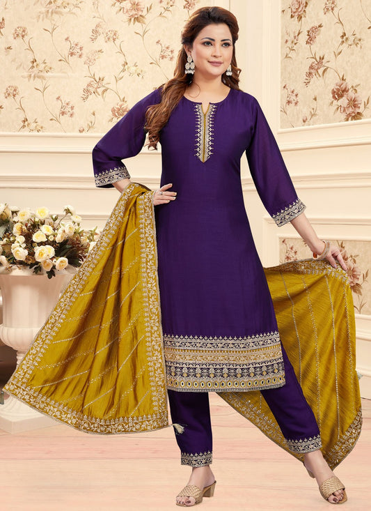 Churidar Suit Embroidered Purple Silk T5590