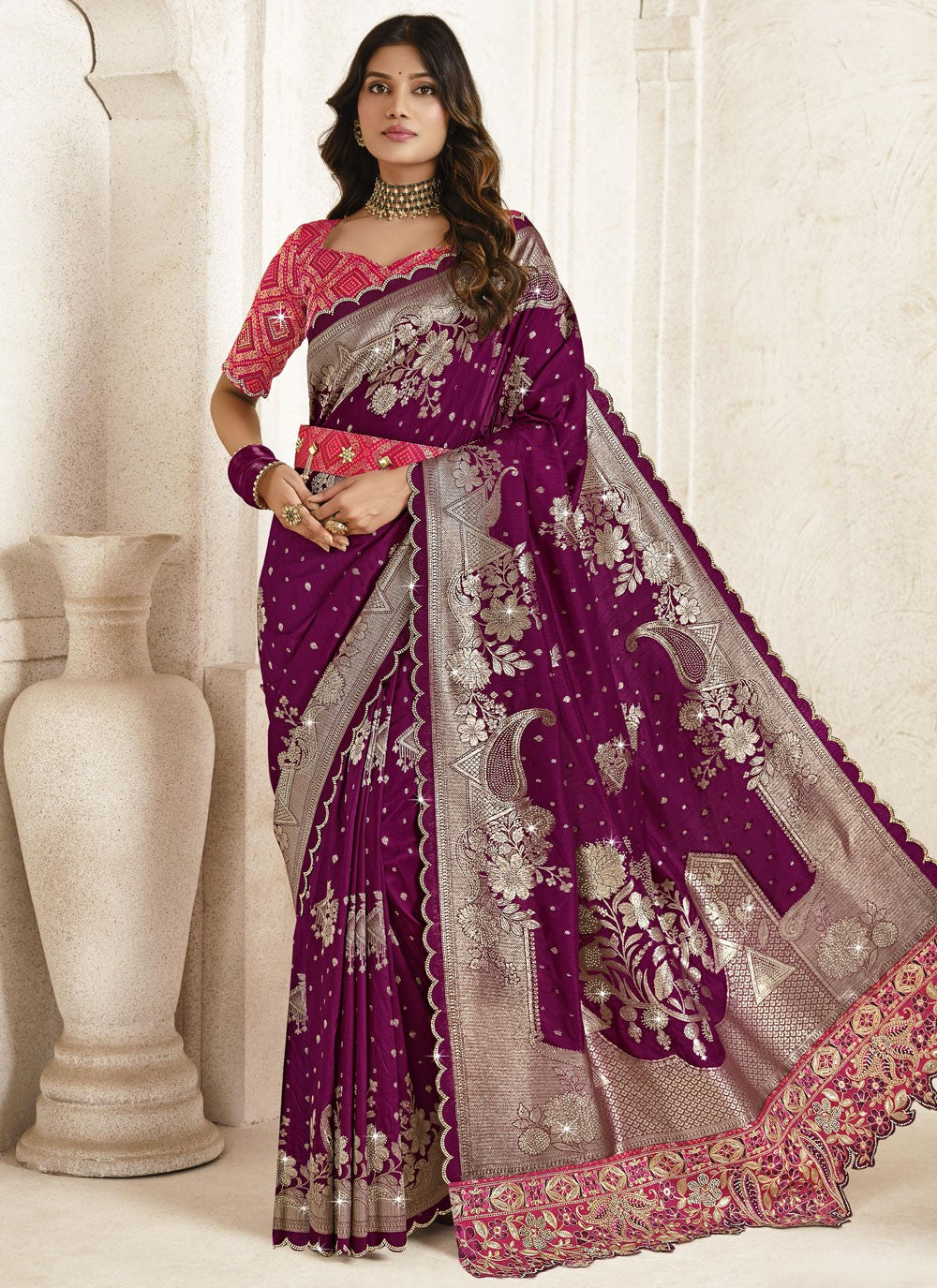 Designer Cut Work Purple Silk S12860