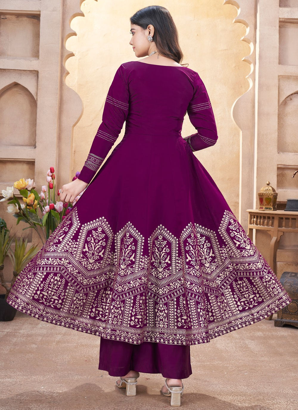 Salwar Suit Foliage Prints Purple Silk T5472