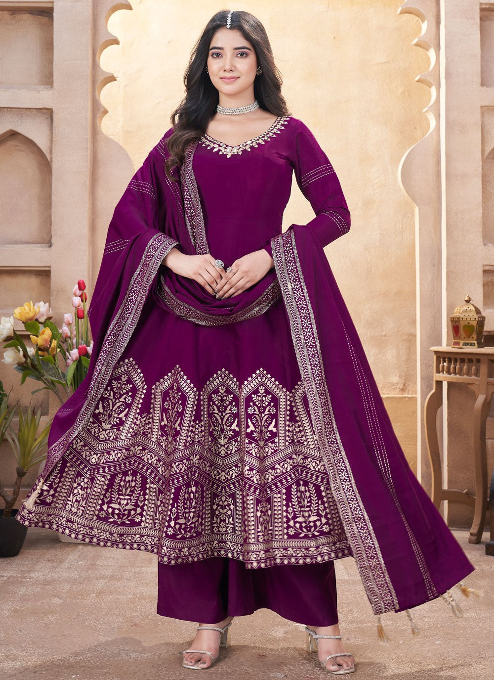 Salwar Suit Foliage Prints Purple Silk T5472