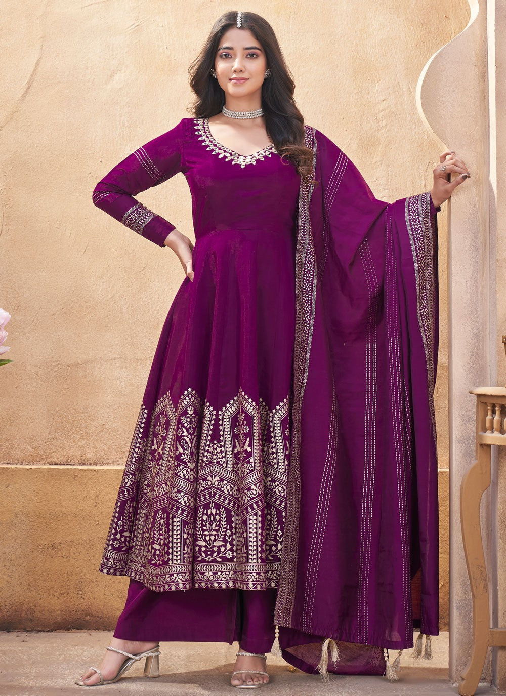 Salwar Suit Foliage Prints Purple Silk T5472