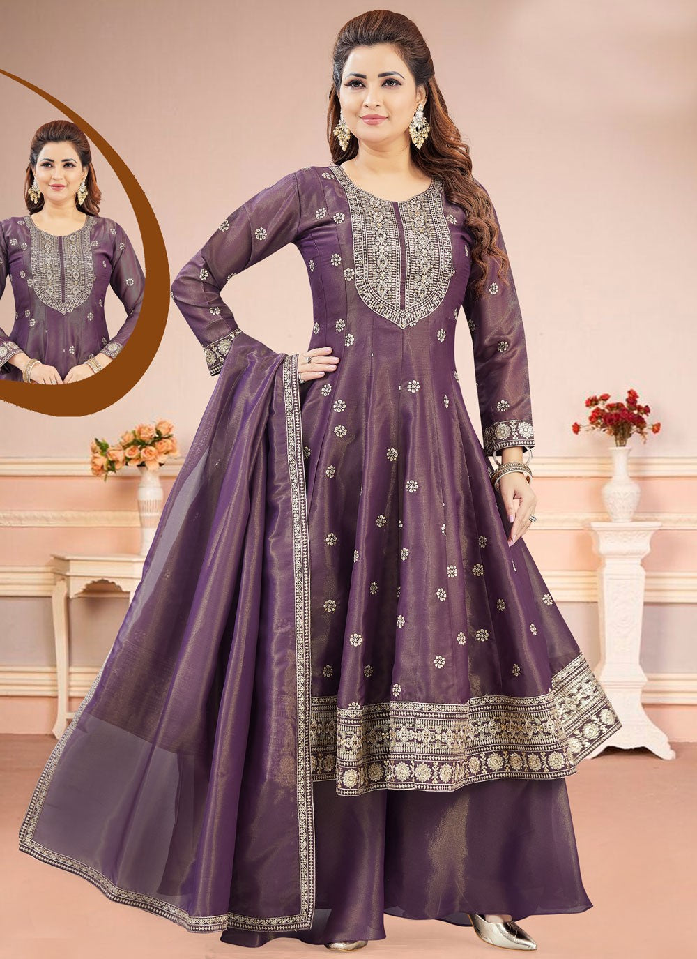 Palazzo Suit Embroidered Purple Silk T5819