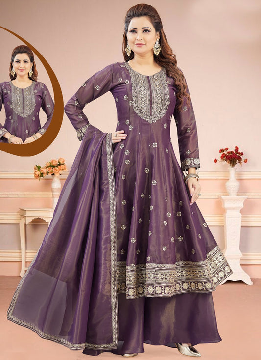 Palazzo Suit Embroidered Purple Silk T5819