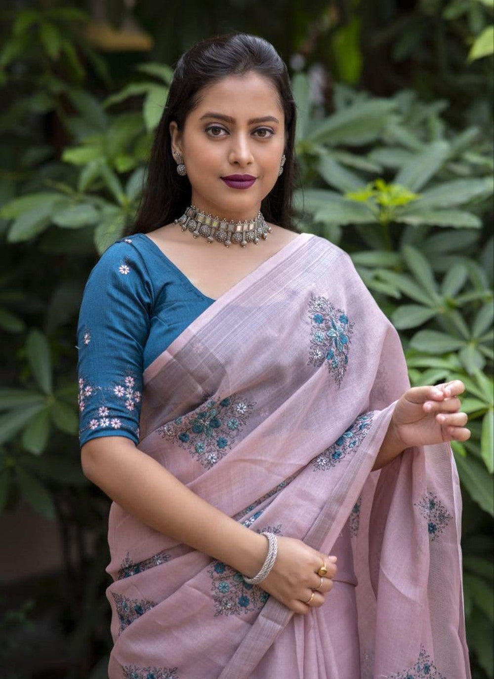 Trendy Printed Linen, Silk Saree - S6744