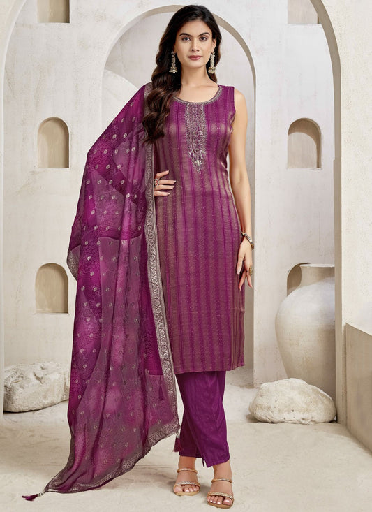 Pant Style Suit Embroidered, Jacquard Work Purple T7617