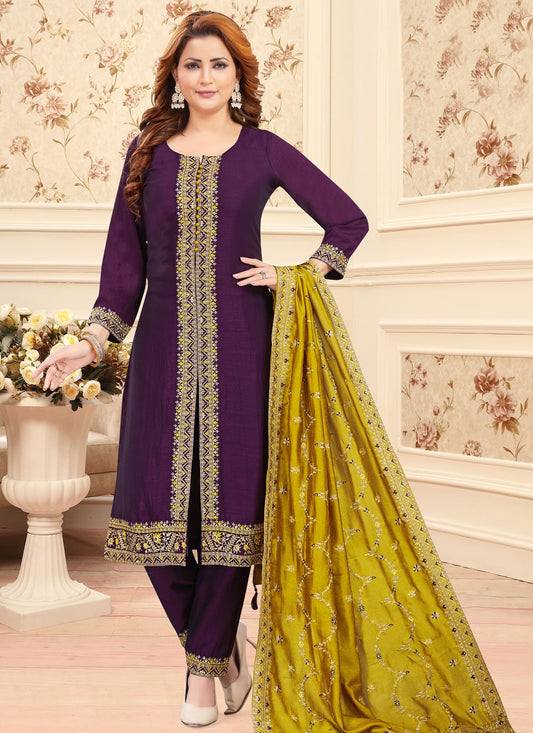 Salwar Suit Embroidered Purple Silk T5588
