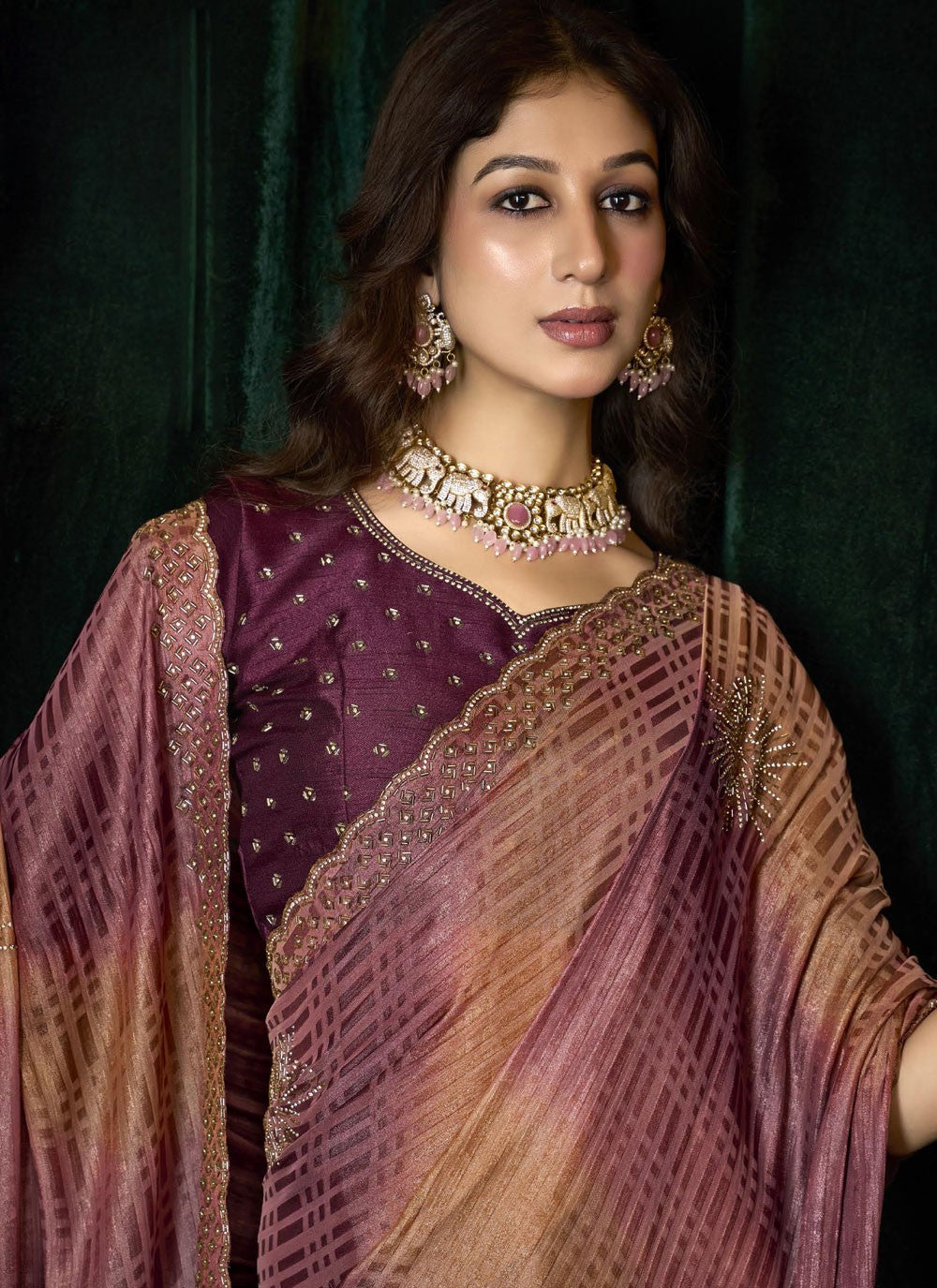 Purple Silk Trendy Saree Beads, Border Work, Thread S19293