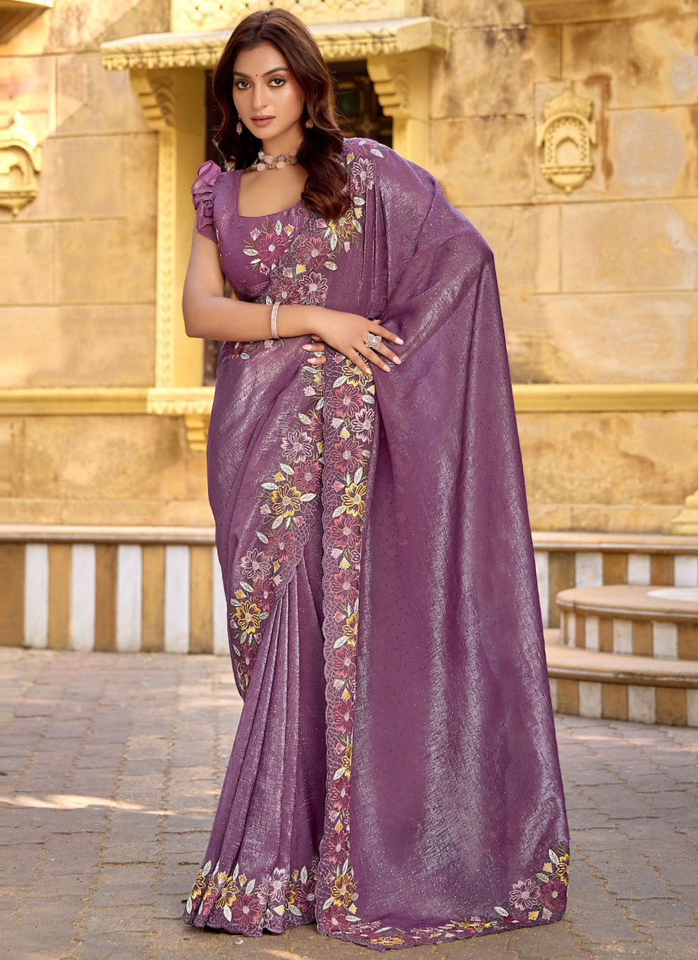 Traditional Embroidered Purple Chiffon Saree S13439
