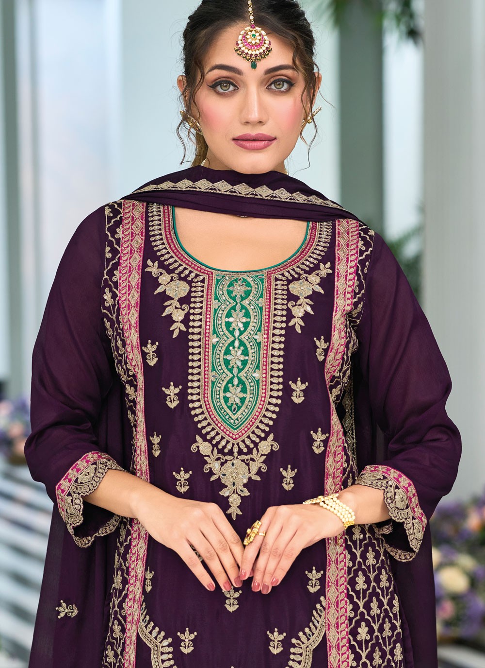 Salwar Suit Embroidered Purple Chinon T5512
