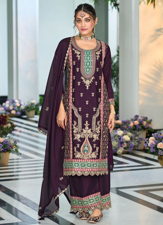 Salwar Suit Embroidered Purple Chinon T5512