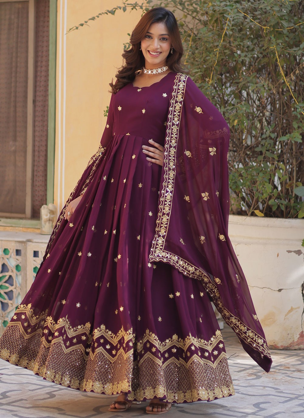 Embroidered Faux Georgette Gown - G1817