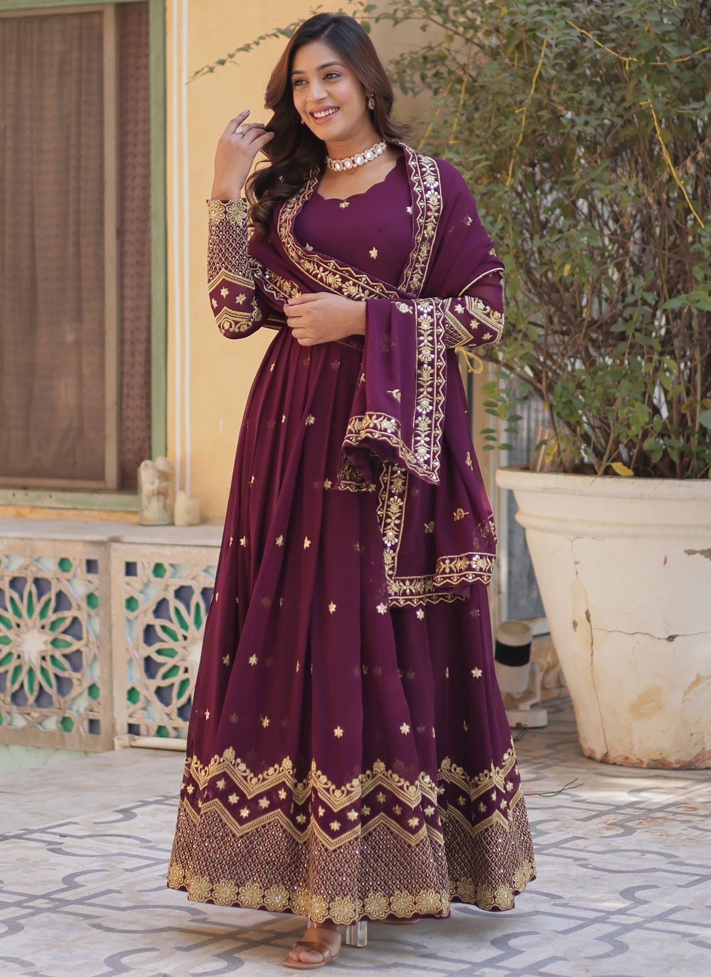 Embroidered Faux Georgette Gown - G1817