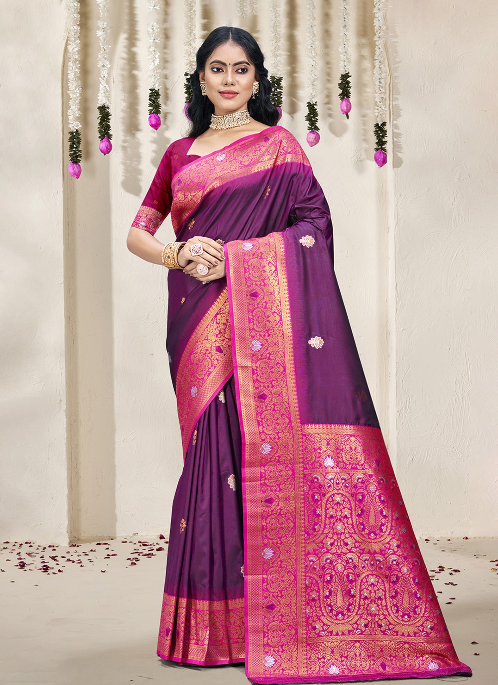 Contemporary Weaving Zari Silk Morpeach Saree - S11186