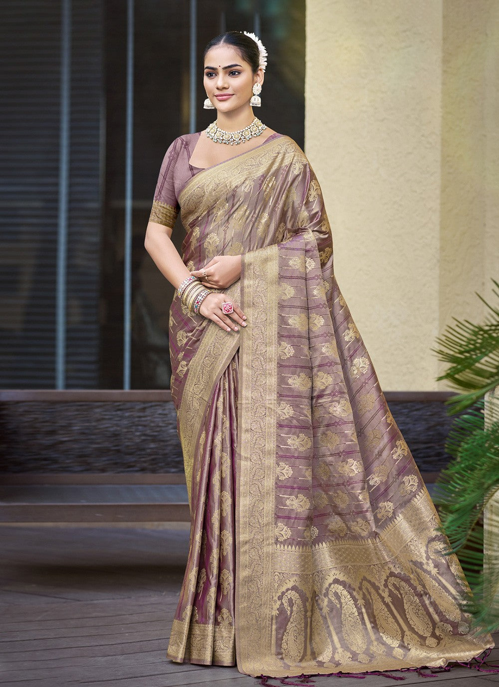 Contemporary Weaving Zari Purple Satin Silk Saree S12719