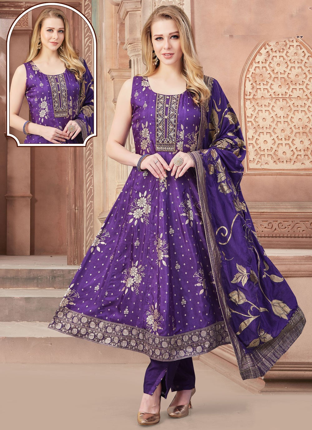 Anarkali Weaving Zari Purple Silk T5221