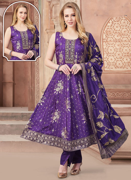 Anarkali Weaving Zari Purple Silk T5221