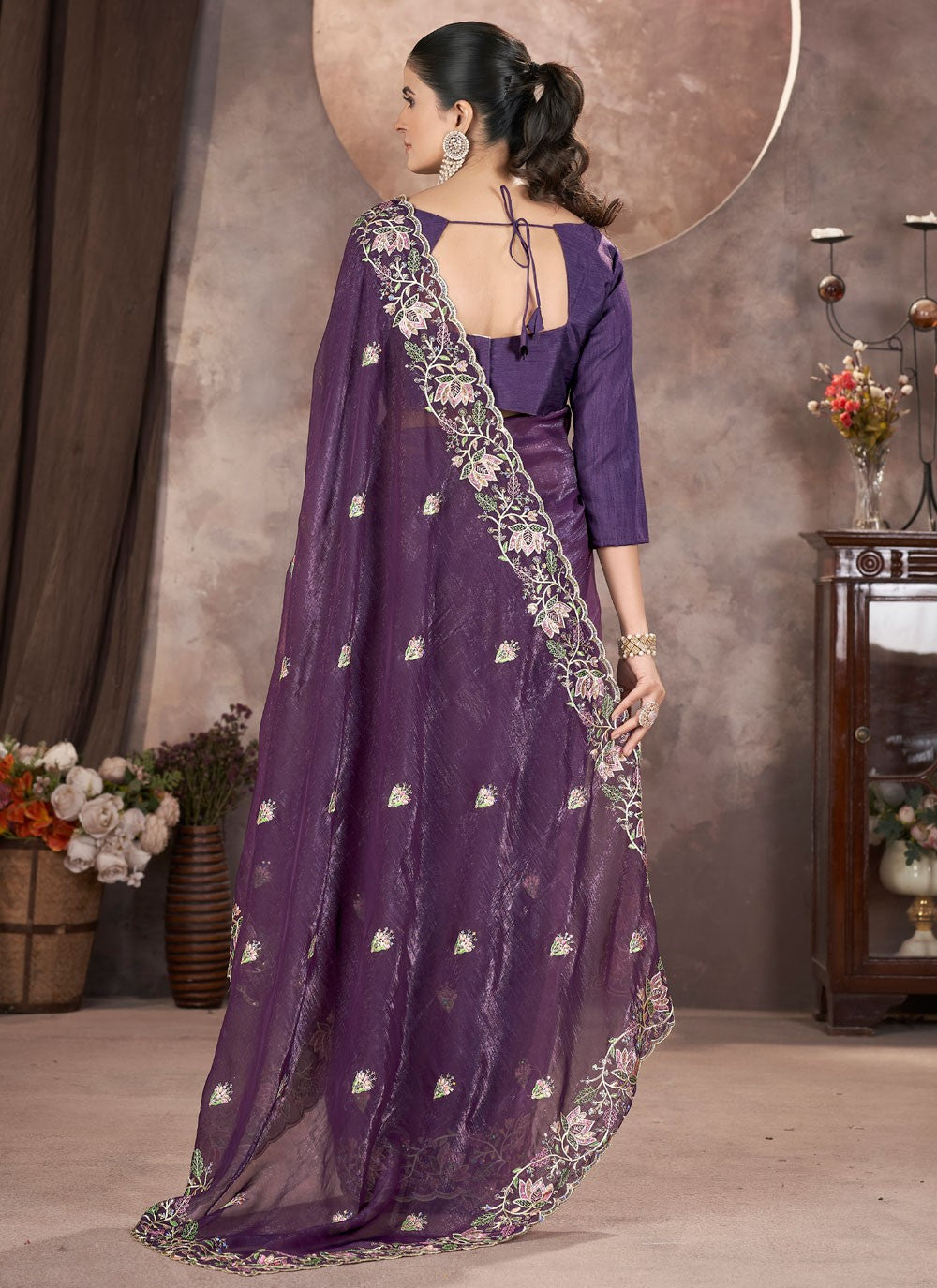 Purple Pure Crepe Designer Saree Cut Work, Embroidered, Zari S16181