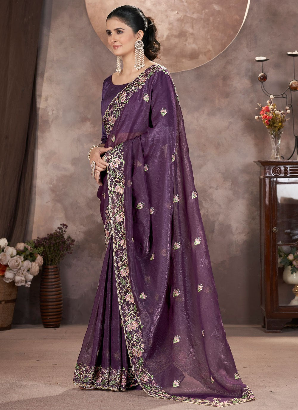 Purple Pure Crepe Designer Saree Cut Work, Embroidered, Zari S16181