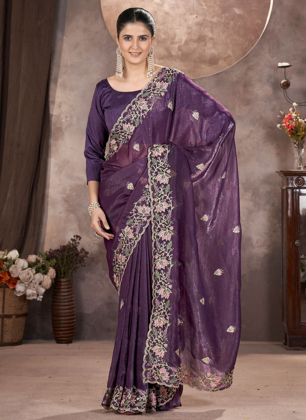 Purple Pure Crepe Designer Saree Cut Work, Embroidered, Zari S16181