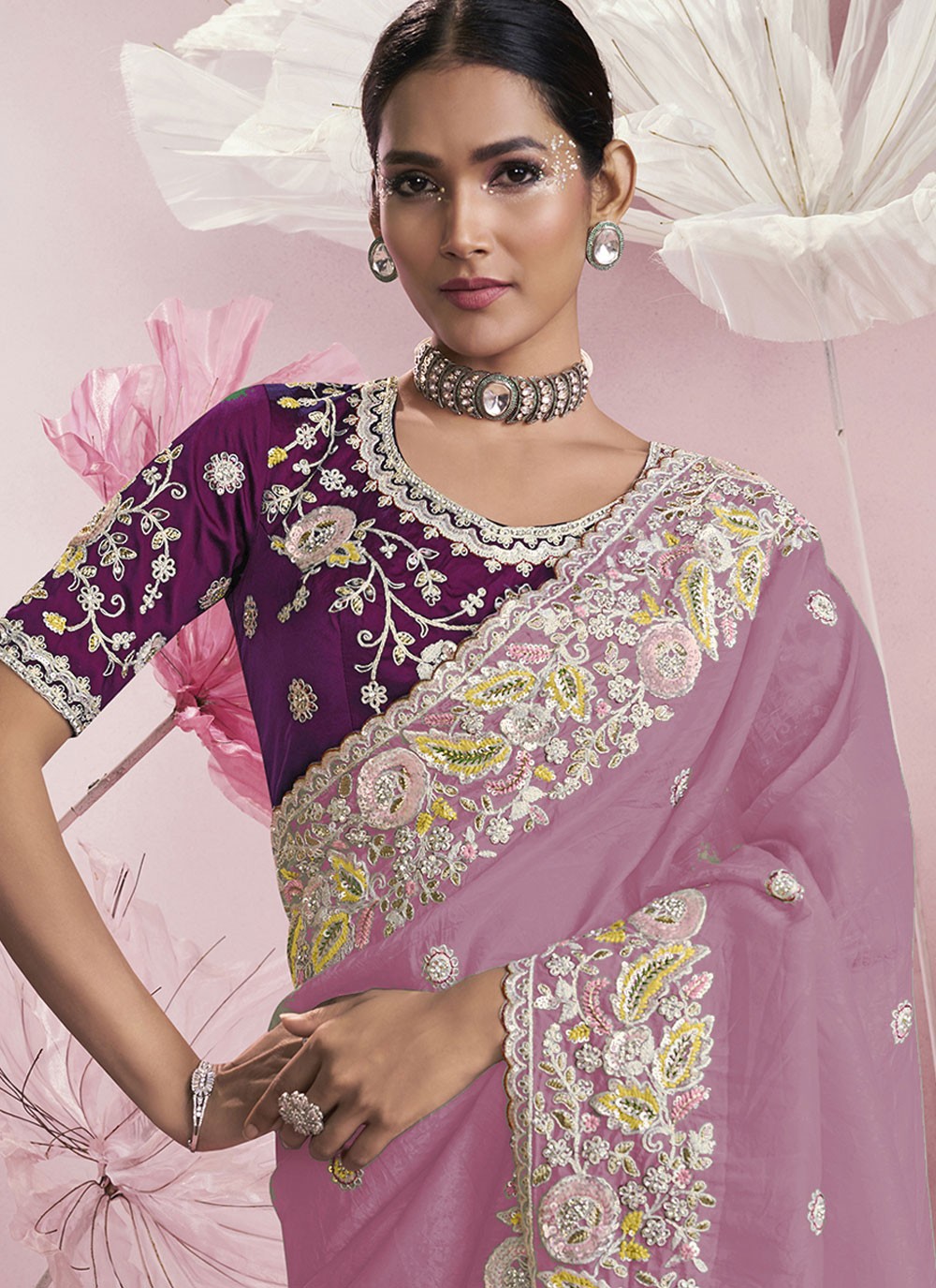 Embroidered Silk Purple Saree S13907