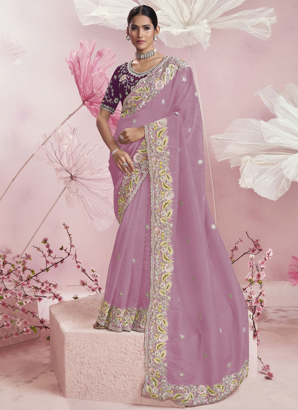 Embroidered Silk Purple Saree S14143