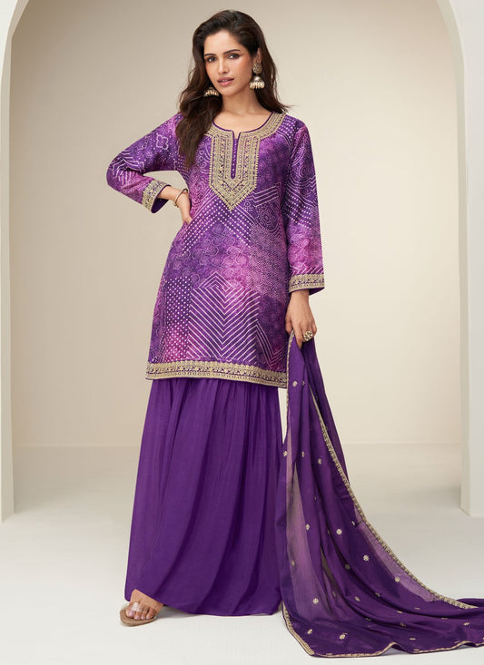Sharara Suit Embroidered, Printed, Zari Purple T7902