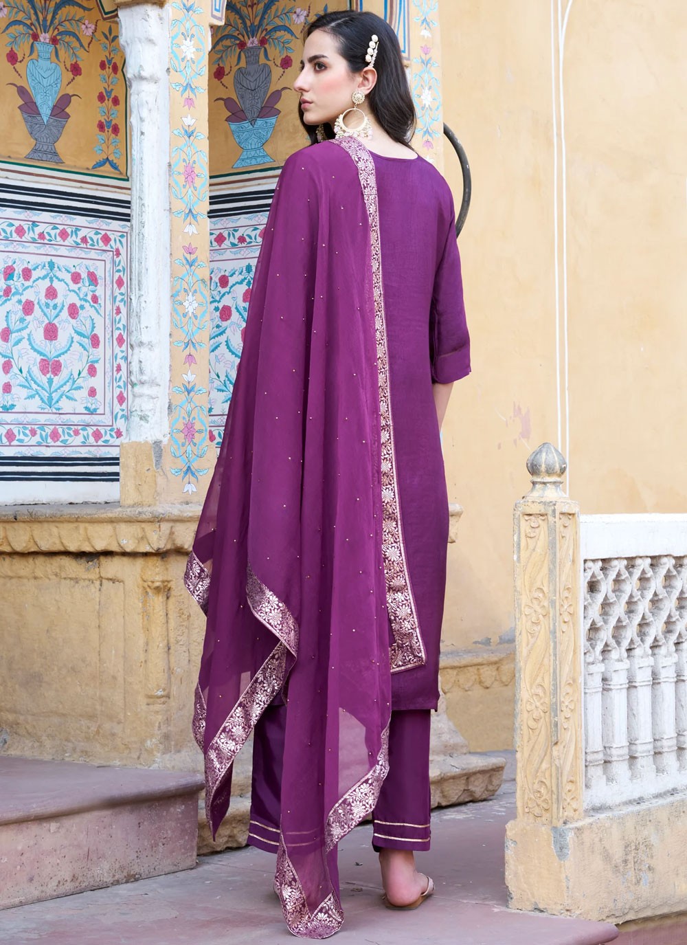 Pant Style Suit Embroidered, Jacquard Work, Zari Purple T6907