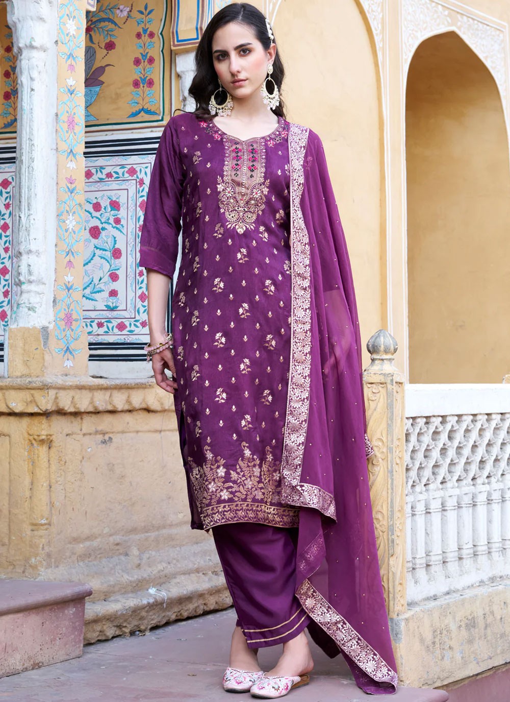 Pant Style Suit Embroidered, Jacquard Work, Zari Purple T6907