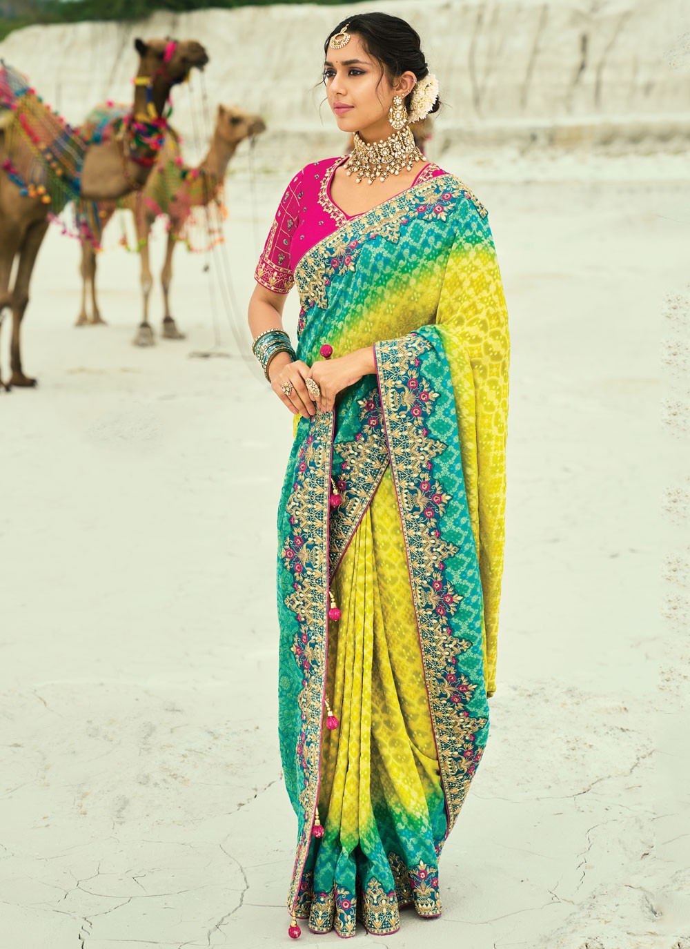 Rama Pure Georgette Bandhej Saree Cutdana, Embroidered, Fancy Work, Zari S19127