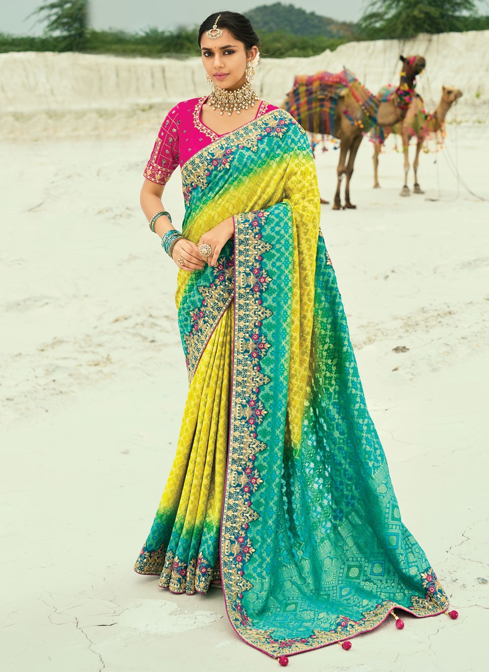 Rama Pure Georgette Bandhej Saree Cutdana, Embroidered, Fancy Work, Zari S19127