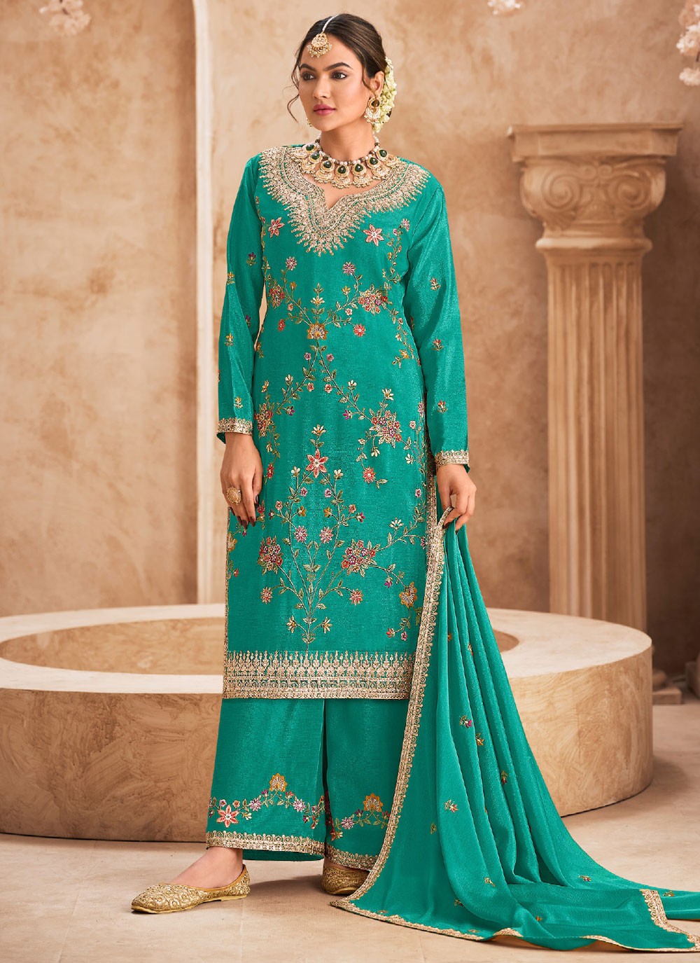Salwar Suit Embroidered Rama Chinon T5494