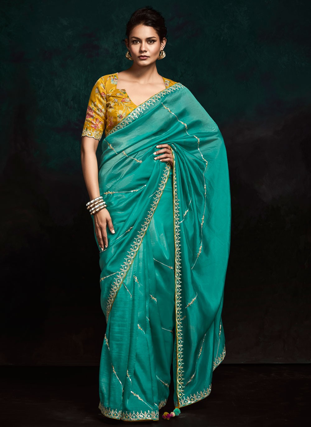 Designer Embroidered Rama Fancy Fabric Saree S13455