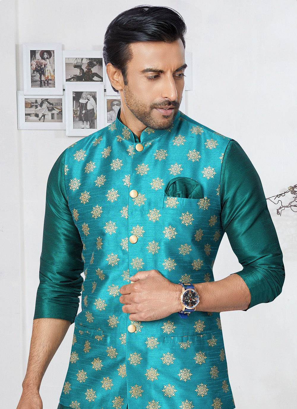 Fancy Work Dupion Silk Rama Kurta Payjama With Jacket - M5509