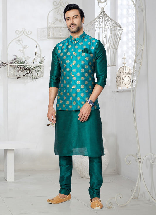 Fancy Work Dupion Silk Rama Kurta Payjama With Jacket - M5509