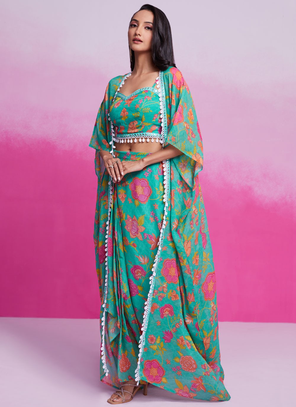 Printed Georgette Rama Lehenga - L3387