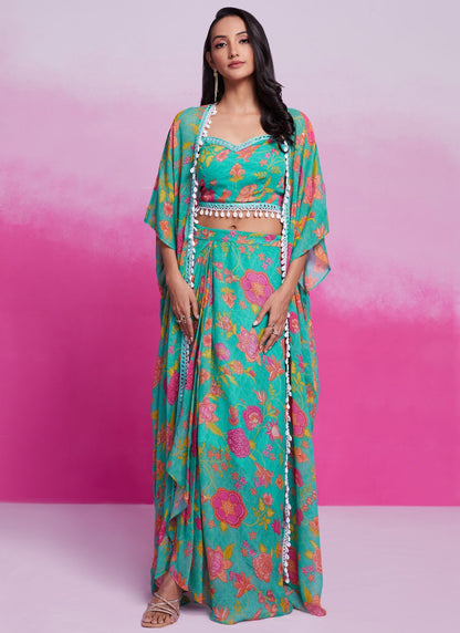 Printed Georgette Rama Lehenga - L3387