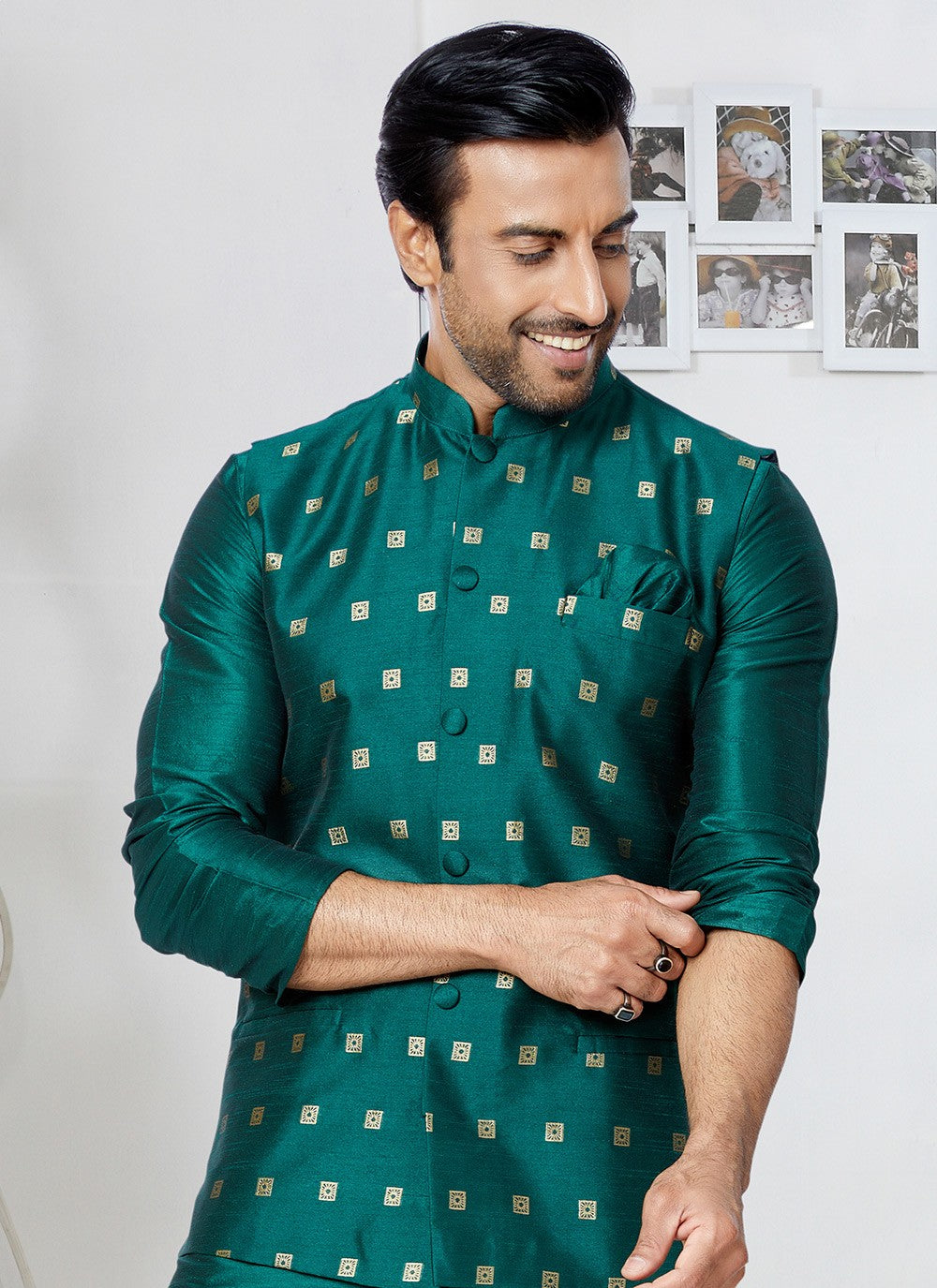 Fancy Work Dupion Silk Rama Kurta Payjama With Jacket - M5508