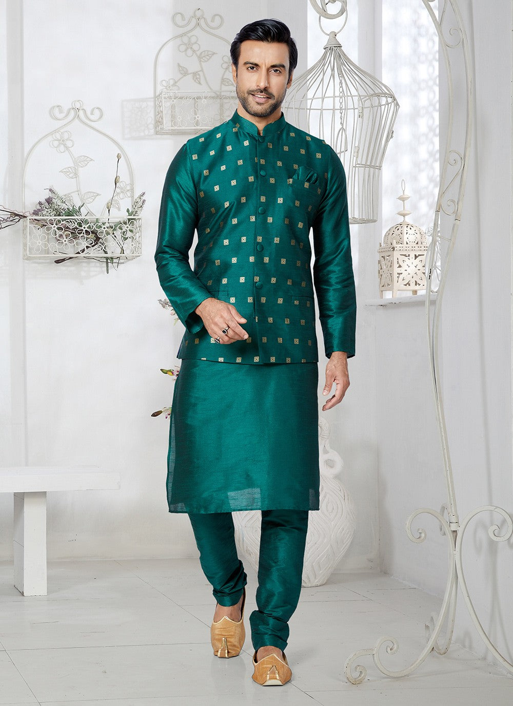Fancy Work Dupion Silk Rama Kurta Payjama With Jacket - M5508