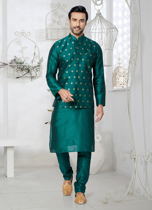 Fancy Work Dupion Silk Rama Kurta Payjama With Jacket - M5508