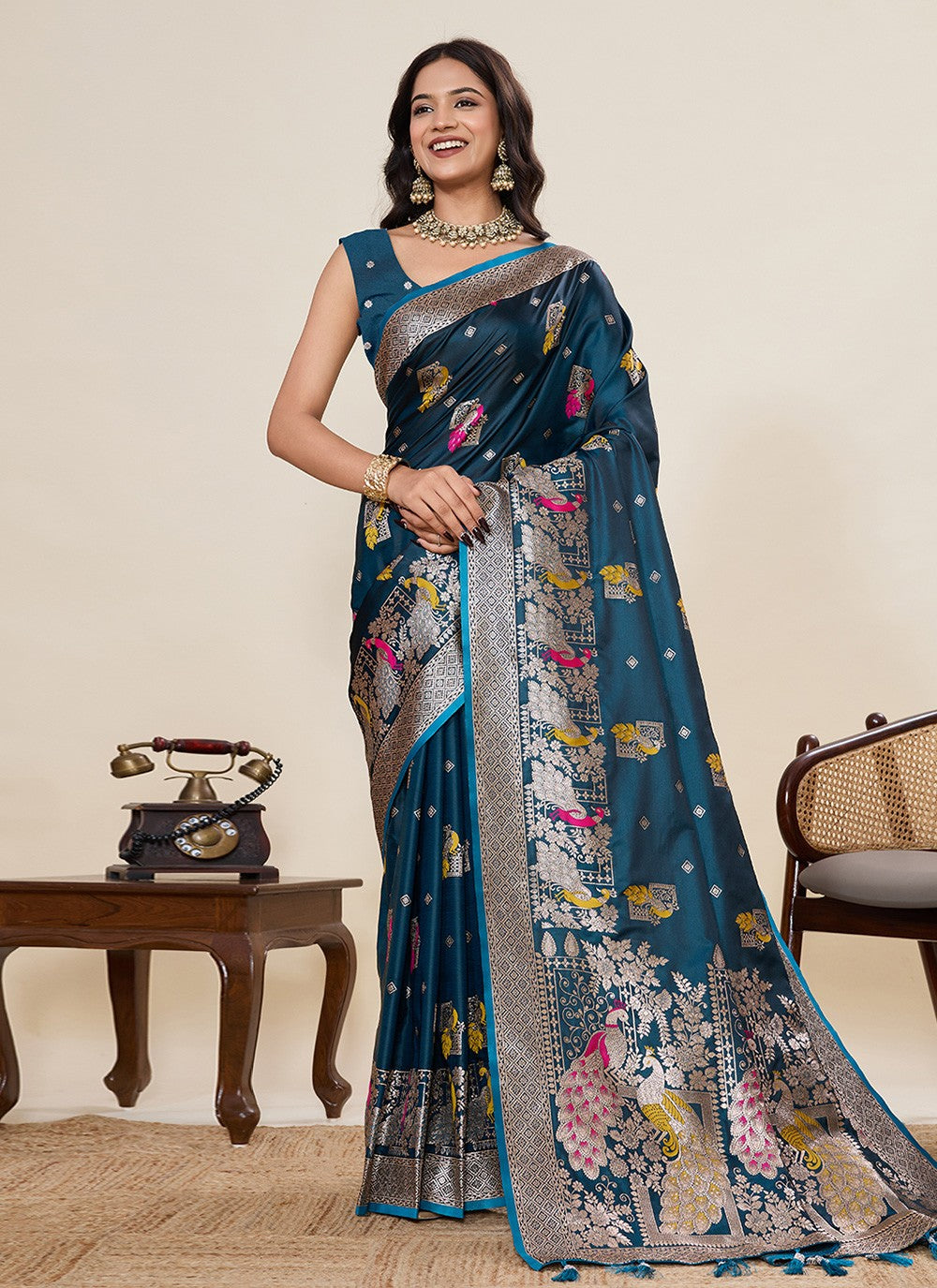 Rama Satin Silk Classic Saree Meenakari, Woven S19535