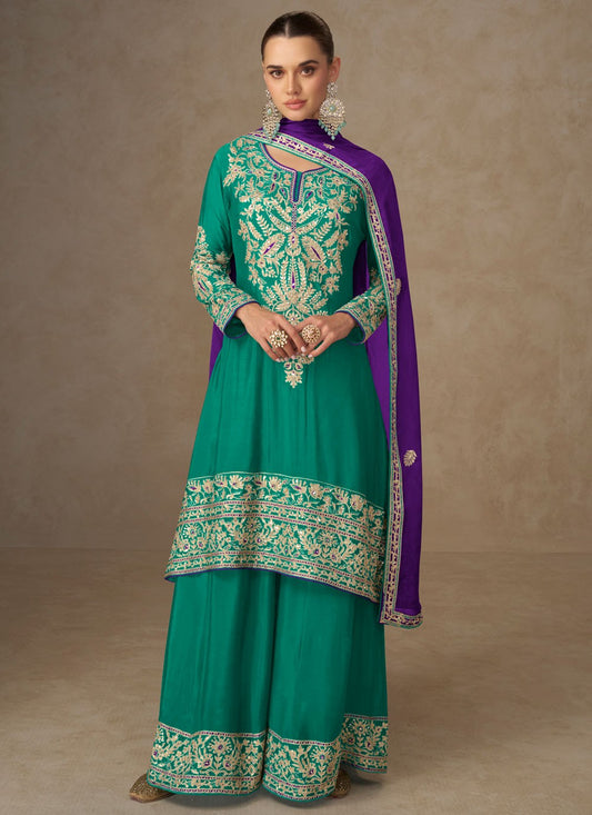 Palazzo Suit Embroidered, Mirror, Sequins, Zari Rama T8350