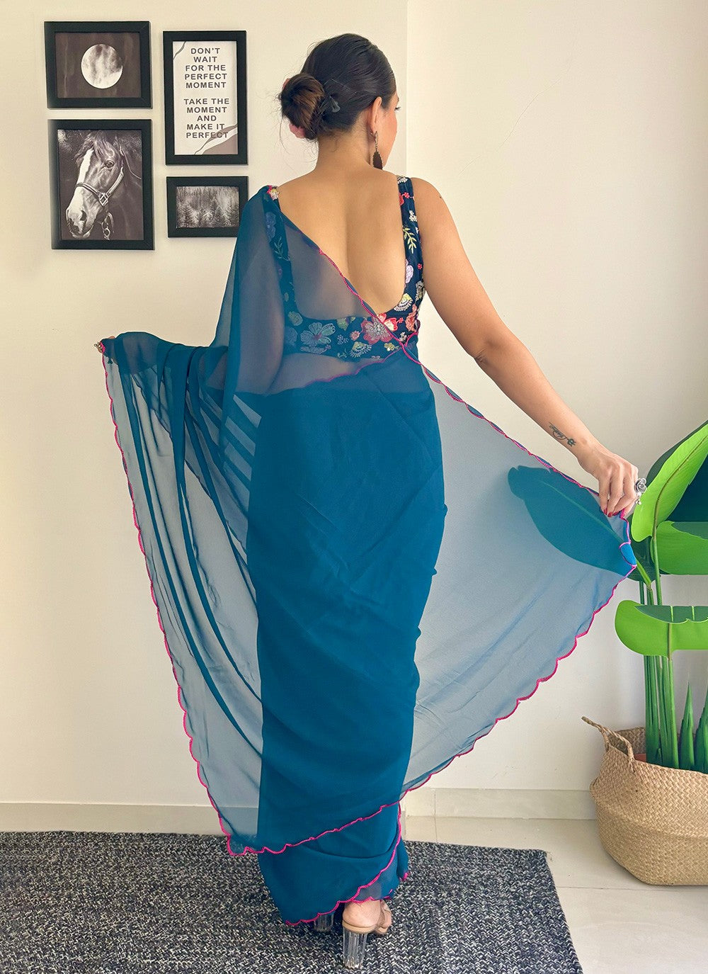 Traditional Border Work Faux Georgette Saree - S7576
